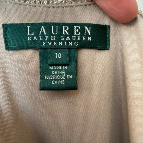 Lauren | Ralph Lauren Evening Gold Metallic Maxi Dress Gown Slit Stretch 10 Long - Picture 8 of 10